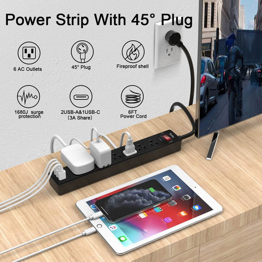 6Ft Power Strip Surge Protector - Extension Cord with 6 AC Outlets and 3 USB Ports for for Home, Office, Dorm Essentials, 1680 Joules, ETL Listed, (Black)