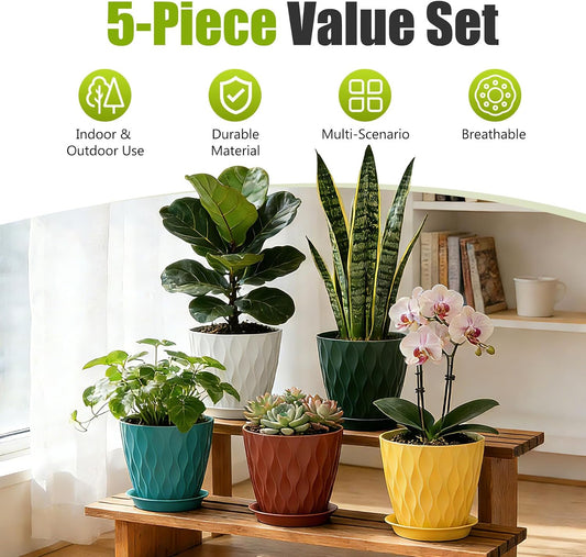 8 Inch Plastic Plant Pots,Set of 5 Flower Pots,Planters with Drainage Holes & Saucers, Indoor Outdoor Garden Pots for Home Decor(Colorful)