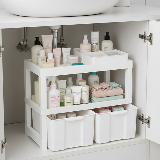 Velora™ 2-Pack Under Sink Organizer – Multi-Purpose Kitchen & Bathroom Cabinet Storage Shelf with Hooks & Hanging Cup