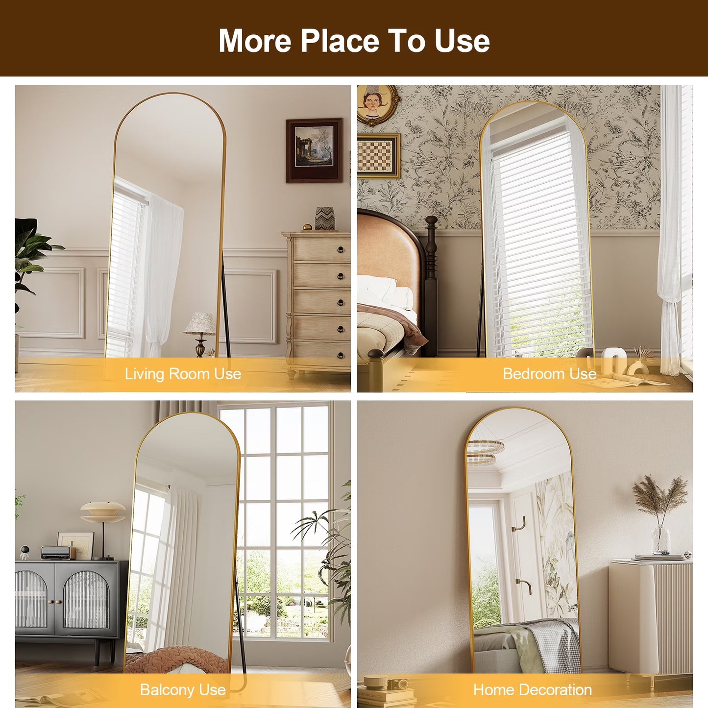 76"X34" Oversized Arched Metal Framed Standing Mirrors, Gold