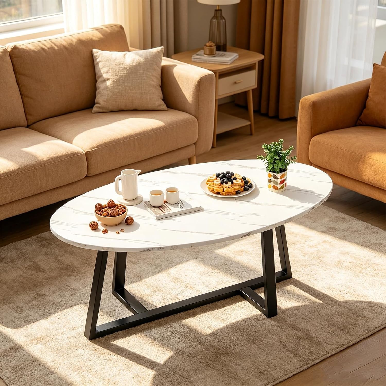 Coffee Table Small Oval Table,White Faux Marble Table for Living Room, Modern Center Tea Tables for Small Space,Wooden Tables End Tables with Sturdy Black Metal Leg