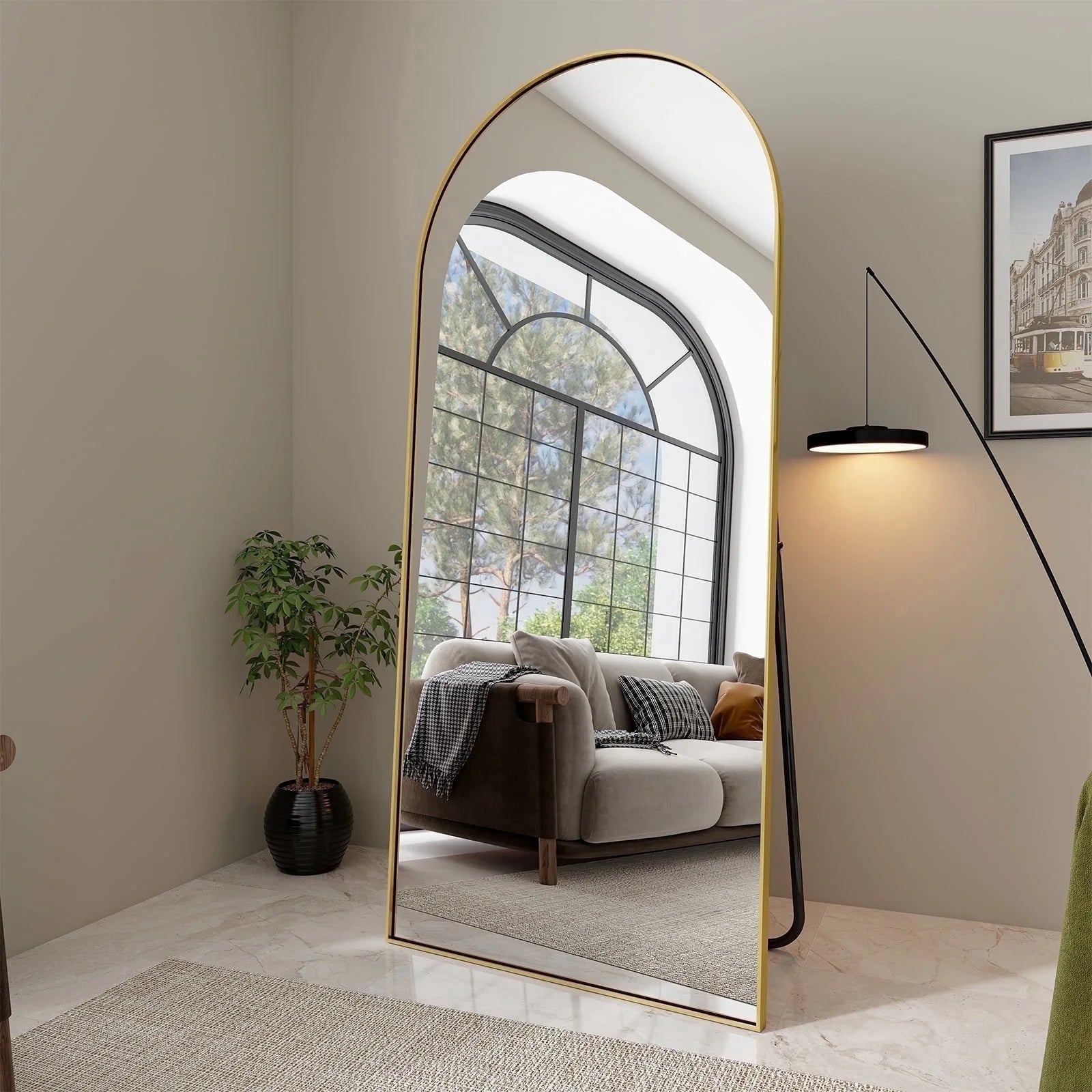 76"X34" Oversized Arched Metal Framed Standing Mirrors, Gold