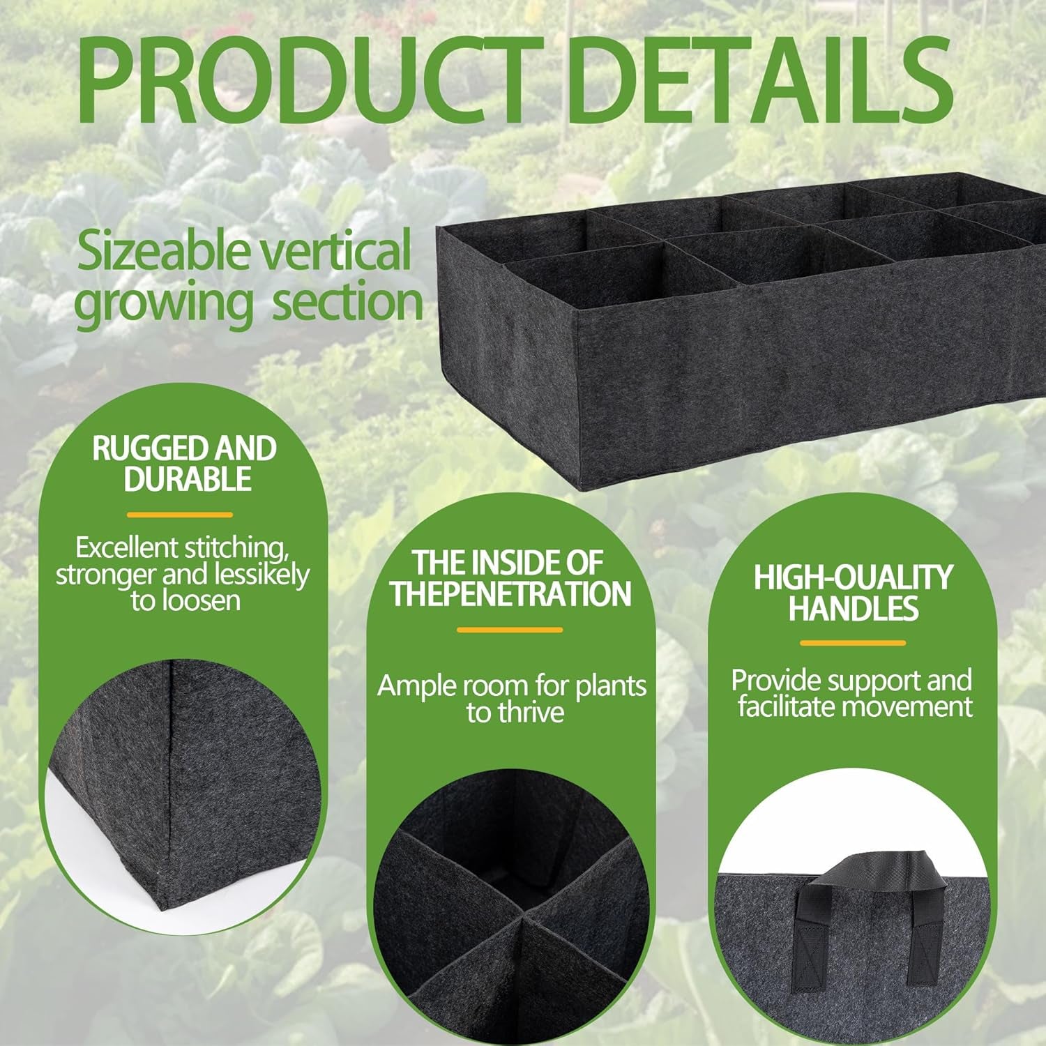 2-Pack 3 Grid Fabric Raised Garden Bed 22 Gallon, 3X1X1 FT Thickened Garden Grow Bags with Handles - Indoor Outdoor Planter Bags for Vegetables, Herbs, Flowers