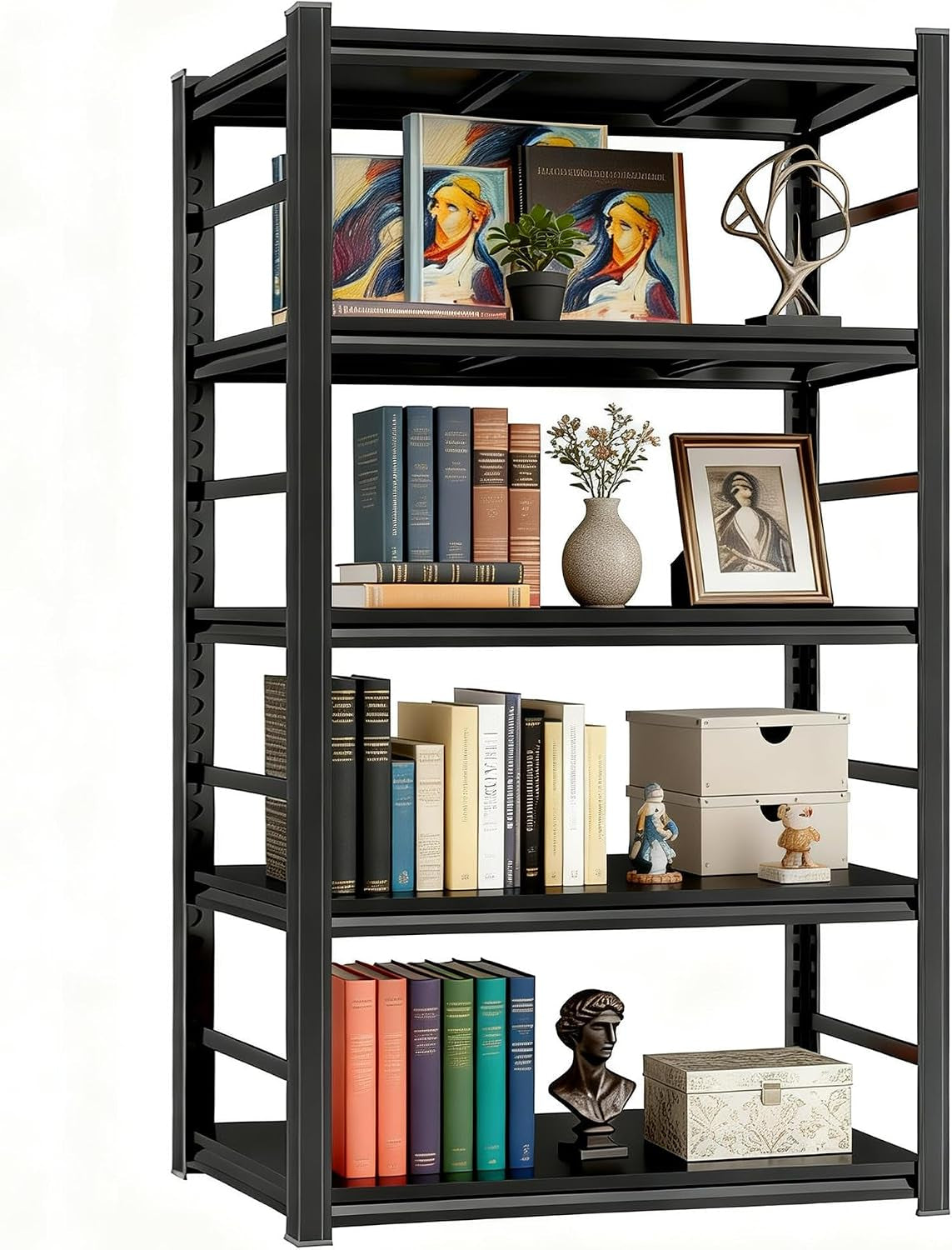 Bookshelf, Metal Wide Bookcase, Heavy Duty Adjustable Industrial Shelf for Living Room, Bedroom and Library, Black
