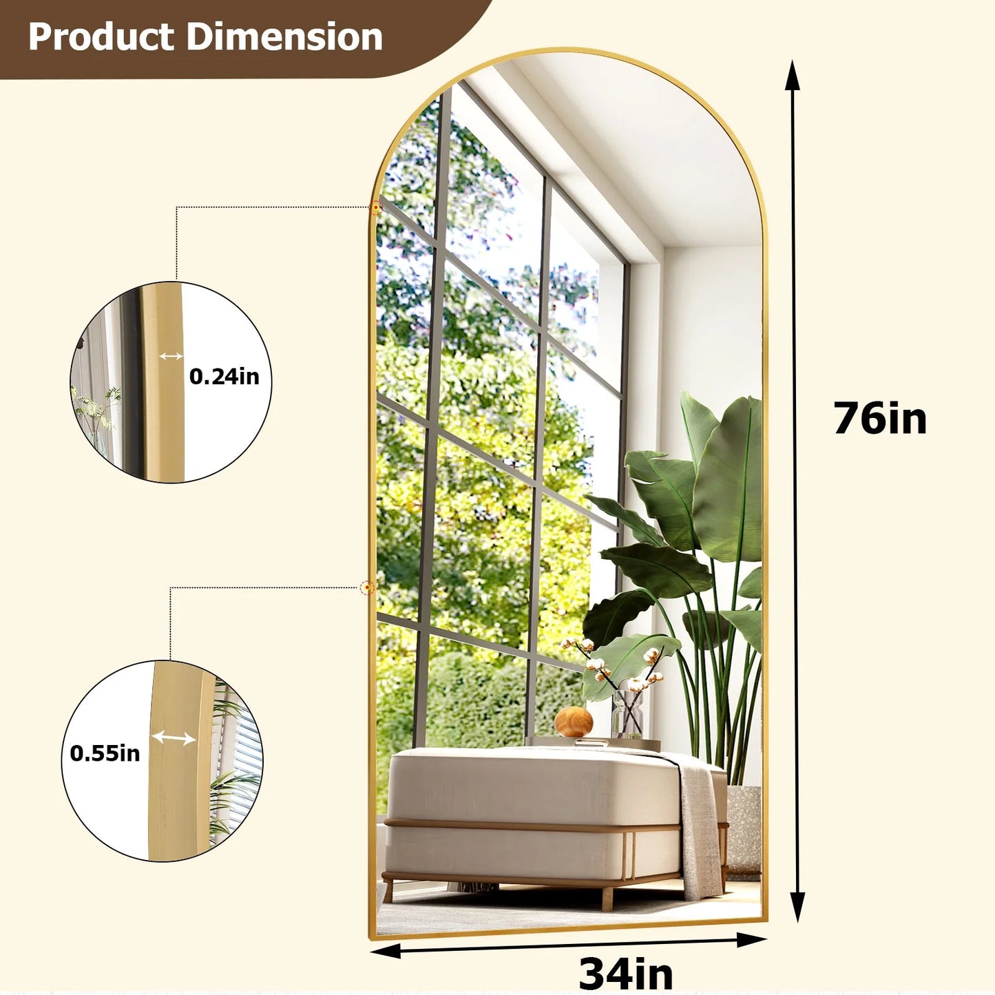 76"X34" Oversized Arched Metal Framed Standing Mirrors, Gold