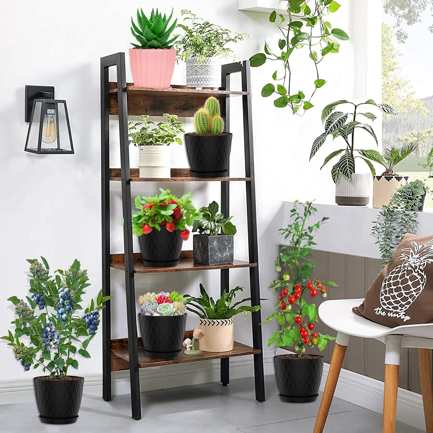 Flower Pots Outdoor Clearance 6 Inch Set of 5 Succulent Planters for Indoor Plants Garden Home Holiday, Plastic Nursery Pots for Plants with Drainage Holes and Saucer, Modern Plant Pot Black