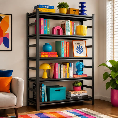 Bookshelf, Metal Wide Bookcase, Heavy Duty Adjustable Industrial Shelf for Living Room, Bedroom and Library, Black