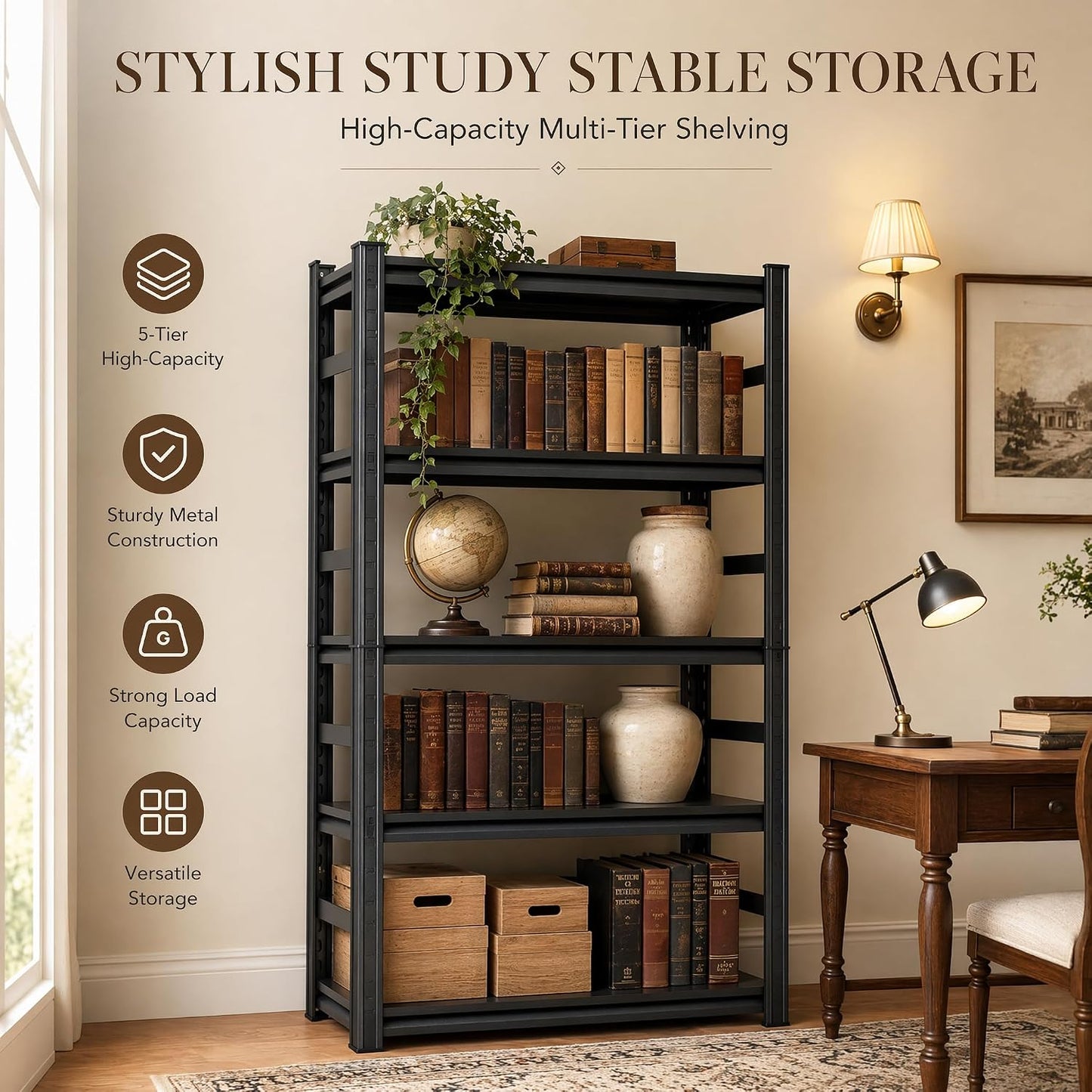 Bookshelf, Metal Wide Bookcase, Heavy Duty Adjustable Industrial Shelf for Living Room, Bedroom and Library, Black