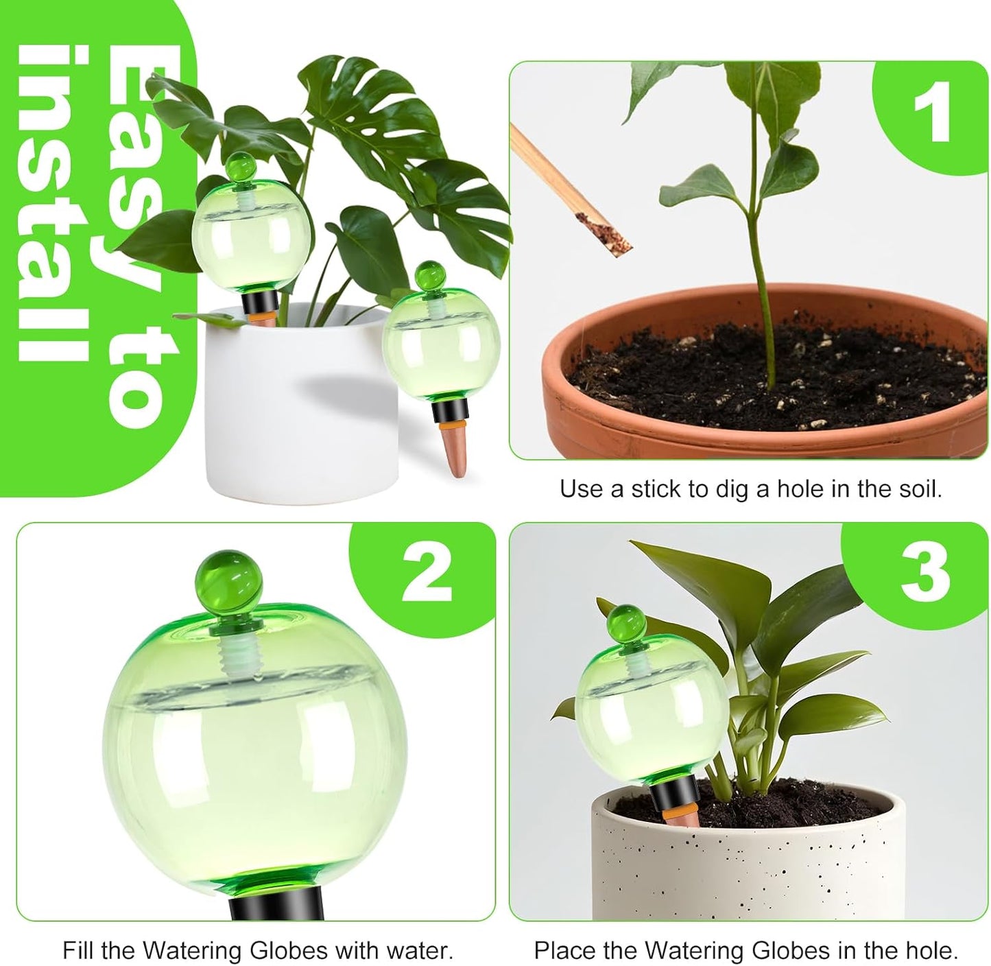 4 Pack Self Watering Globes 17Oz Large Plant Watering Globes Top Fill, Self Water Planter Insert Indoor/Outdoor Plastic Water Bulbs Slow Release Terracotta for Plants, Green