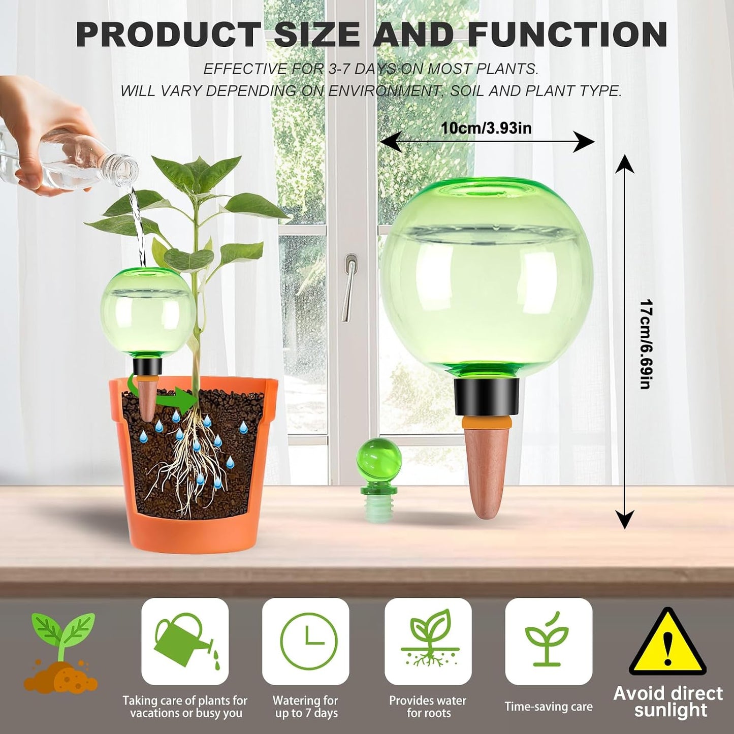 4 Pack Self Watering Globes 17Oz Large Plant Watering Globes Top Fill, Self Water Planter Insert Indoor/Outdoor Plastic Water Bulbs Slow Release Terracotta for Plants, Green