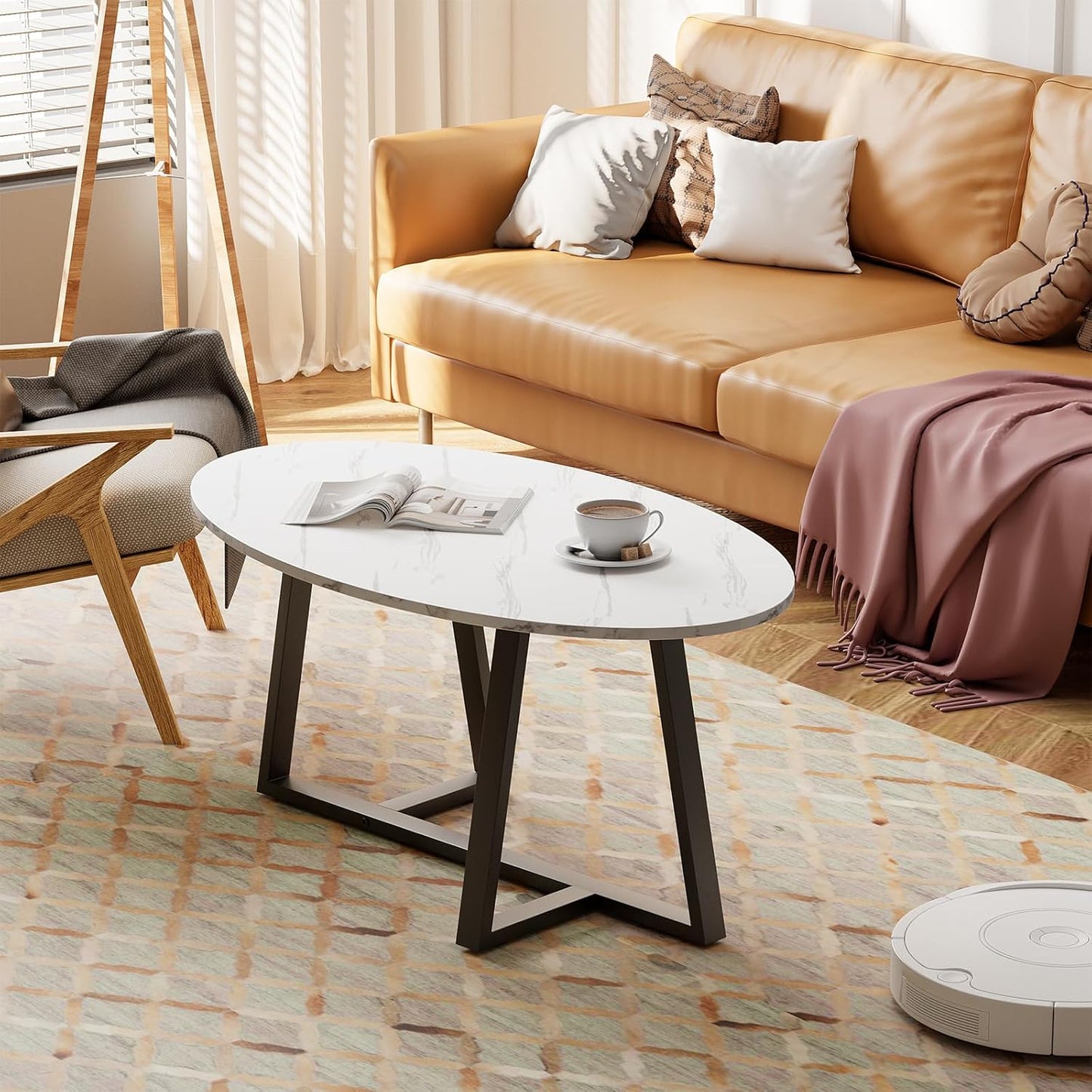 Coffee Table Small Oval Table,White Faux Marble Table for Living Room, Modern Center Tea Tables for Small Space,Wooden Tables End Tables with Sturdy Black Metal Leg