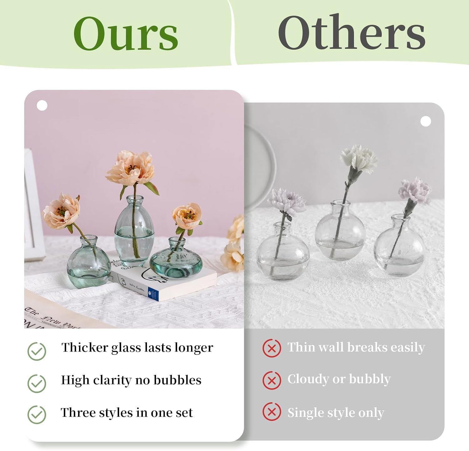 Bud Vases 3Pcs/Set Small Vases Handmade Cute Green Small Vases for Flowers Centerpieces Glass Vases Mini Vase Home Decor Centerpieces, Events Table Decor