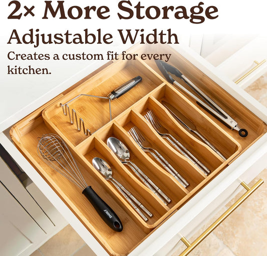 Silverware Drawer Organizer – Bamboo Kitchen Drawer Organizer, Adjustable Utensil Holder and Cutlery Tray, Drawer Dividers for Flatware and Kitchen Utensils | Adjustable