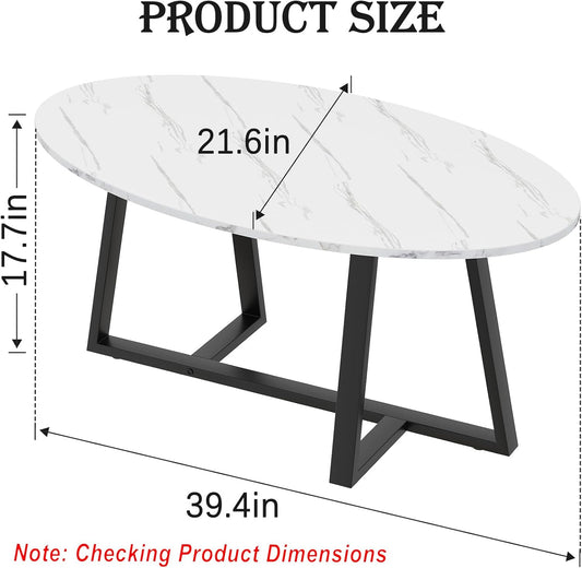 Coffee Table Small Oval Table,White Faux Marble Table for Living Room, Modern Center Tea Tables for Small Space,Wooden Tables End Tables with Sturdy Black Metal Leg