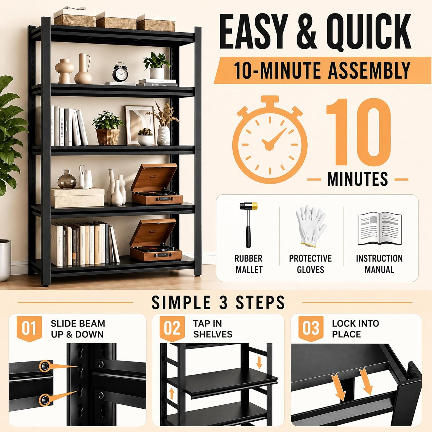 Bookshelf, Metal Wide Bookcase, Heavy Duty Adjustable Industrial Shelf for Living Room, Bedroom and Library, Black