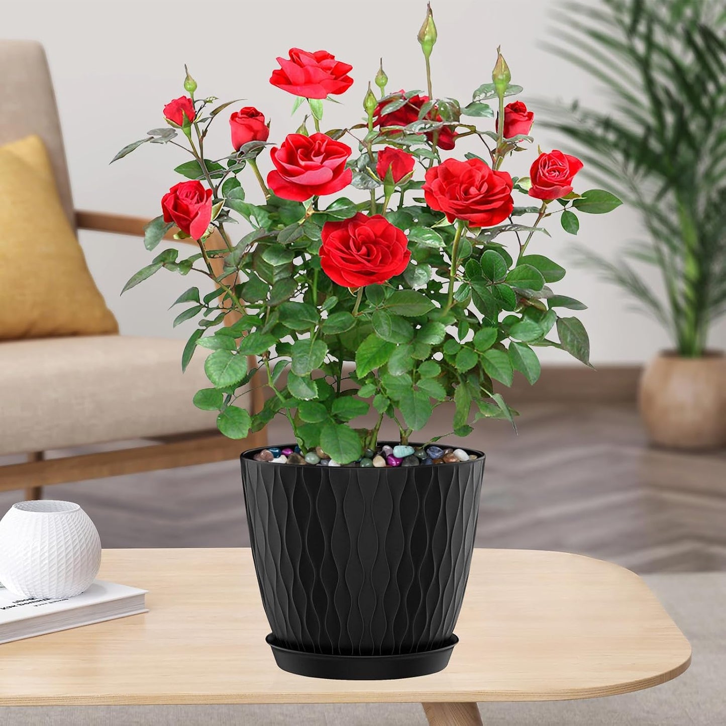 Flower Pots Outdoor Clearance 6 Inch Set of 5 Succulent Planters for Indoor Plants Garden Home Holiday, Plastic Nursery Pots for Plants with Drainage Holes and Saucer, Modern Plant Pot Black