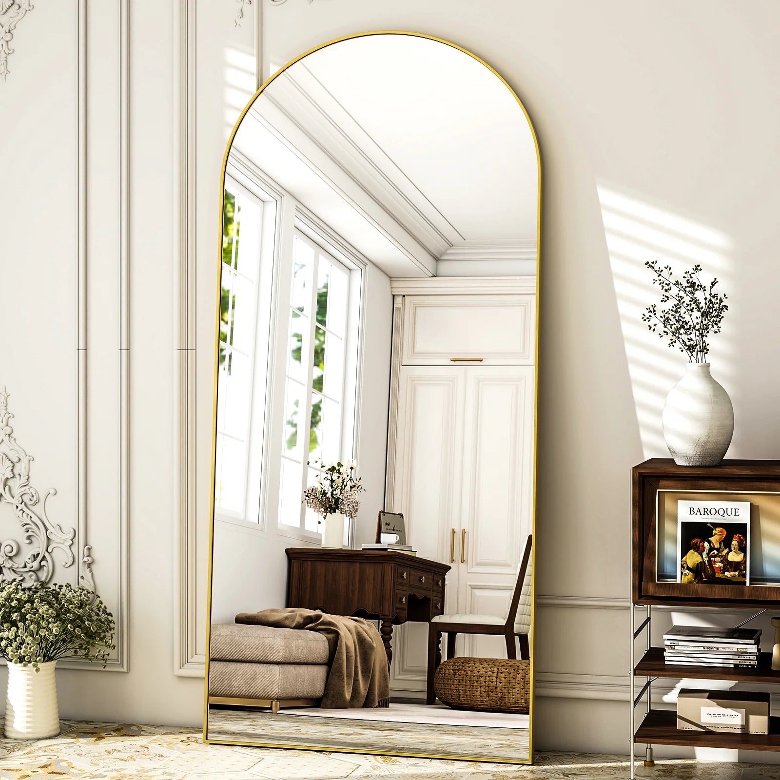 76"X34" Oversized Arched Metal Framed Standing Mirrors, Gold