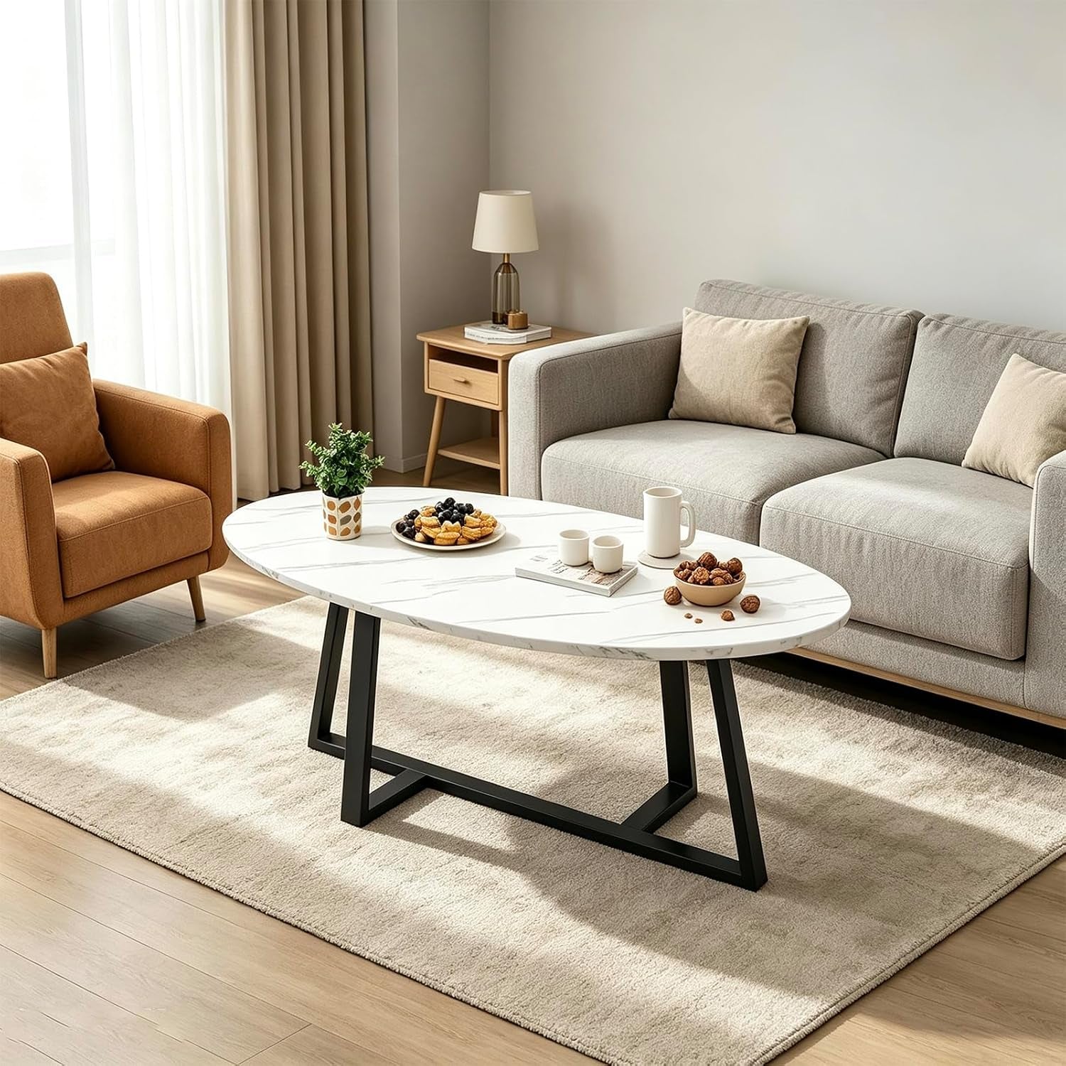 Coffee Table Small Oval Table,White Faux Marble Table for Living Room, Modern Center Tea Tables for Small Space,Wooden Tables End Tables with Sturdy Black Metal Leg