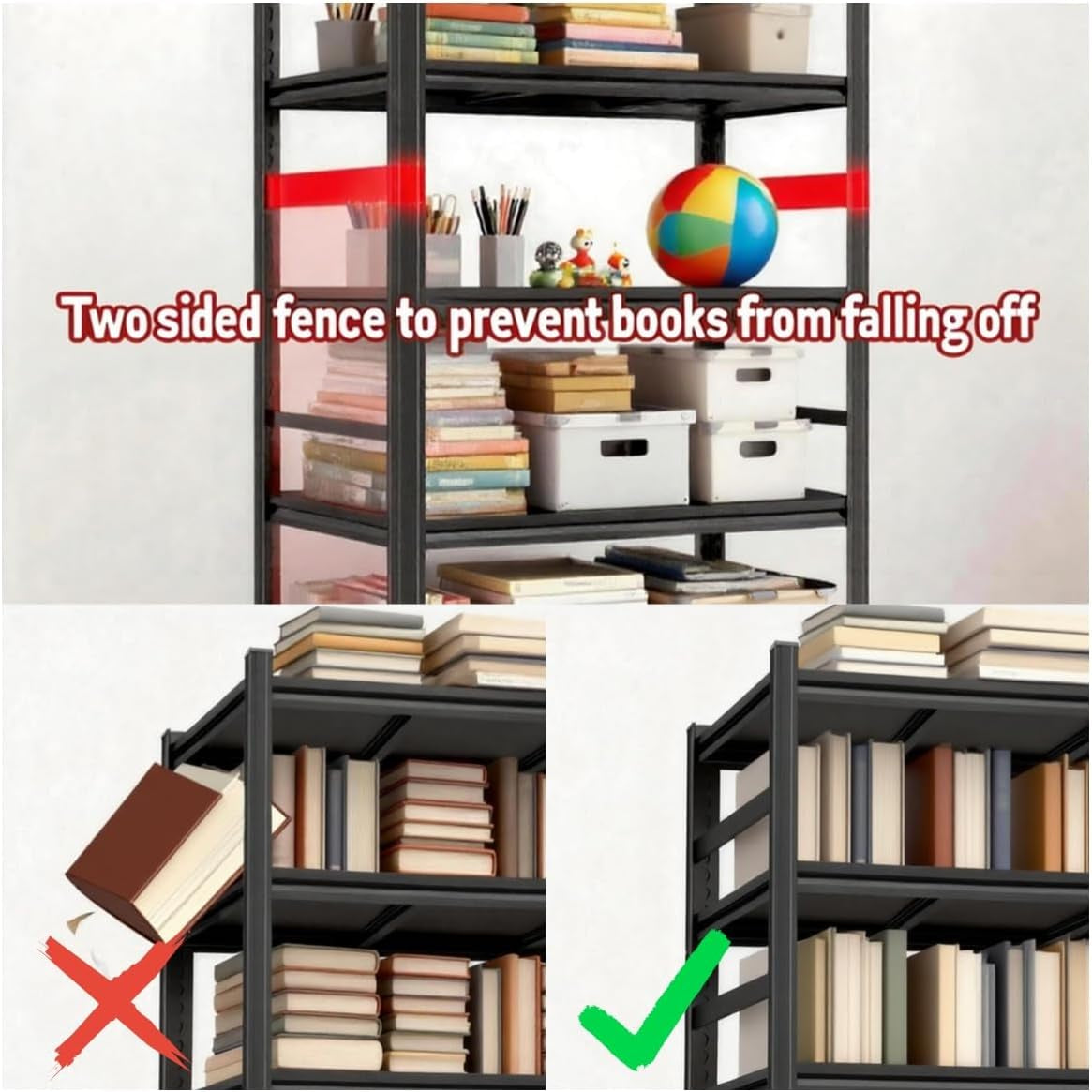 Bookshelf, Metal Wide Bookcase, Heavy Duty Adjustable Industrial Shelf for Living Room, Bedroom and Library, Black
