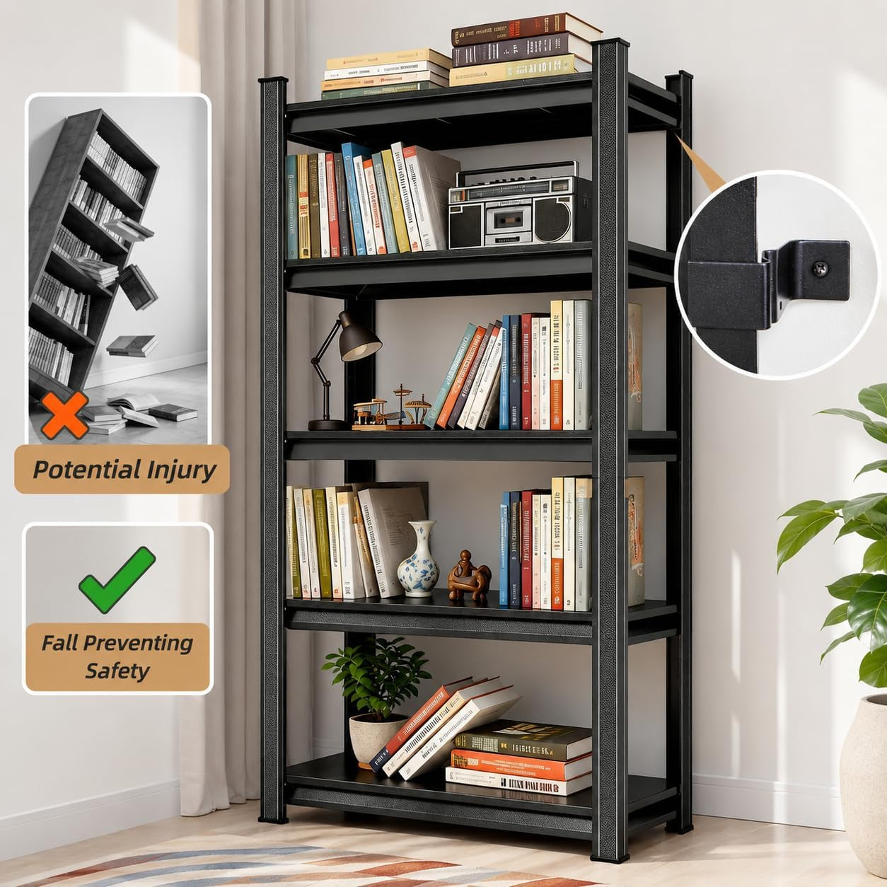 Bookshelf, Metal Wide Bookcase, Heavy Duty Adjustable Industrial Shelf for Living Room, Bedroom and Library, Black